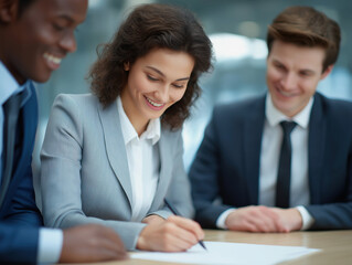 Fototapeta premium Business meeting with diverse professionals, a woman in gray suit signing documents, while two men in suits observe, showcasing teamwork and collaboration in a corporate environment