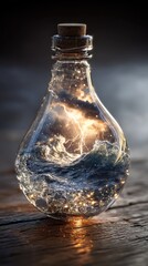 A glass bottle, corked, contains a miniature stormy sea; waves crash, lightning strikes amidst dark clouds, all bathed in warm light, resting on a wooden surface