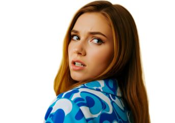 Young woman looking over her shoulder with a surprised expression in a blue and white patterned shirt