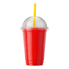 Vibrant red slushy beverage in clear plastic cup with yellow straw refreshing drink
