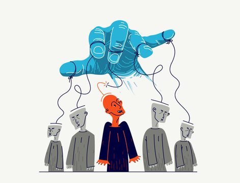 Hand of a toxic manipulator controls his victims and one person has freed from control, social manipulations and independence, vector illustration of psychological manipulation.