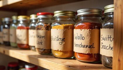 Spice jars neatly arranged on wooden shelf in farmhouse kitchen, culinary warmth