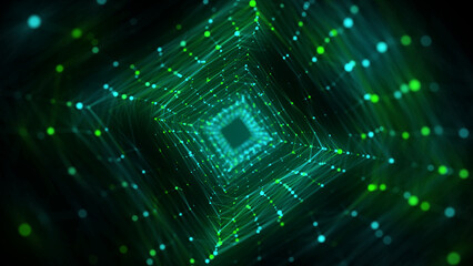 Technology wireframe square tunnel on green background. Futuristic 3D wormhole grid. Big data visualization. 3D rendering.