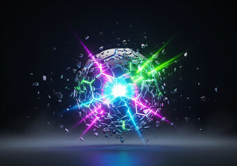 Fototapeta premium Wide Cinematic Energy Core Soccer Ball Explosion – Futuristic Football Shards with Neon Light Burst, Floating Aura, Sci-Fi Sports Illustration for Esports, Gaming Posters, and Tournament Advertising