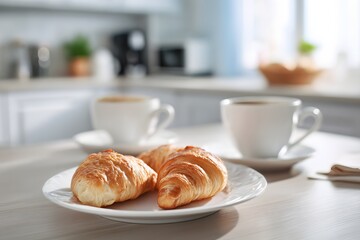 Breakfast scene on clean dining table, croissants and coffee, airy kitchen interior
