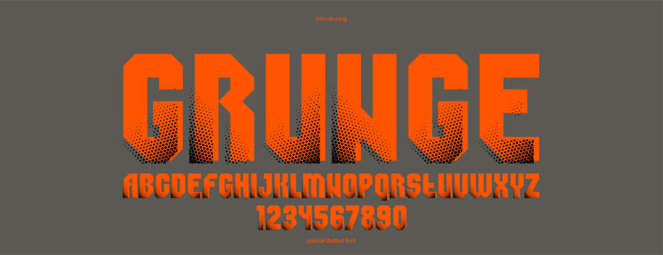 Halftone dotted geometric brutal and bold typeface for logos and posters, vector urban industrial font, modern display typography in cyberpunk futuristic style.
