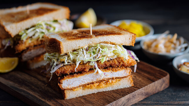 Katsu sando with cutlet and cabbage on toasted bread served on wooden board with lemon and side dishes