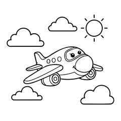 A cute cartoon airplane flying happily among fluffy clouds under a bright sunny sky in a simple black and white line art style