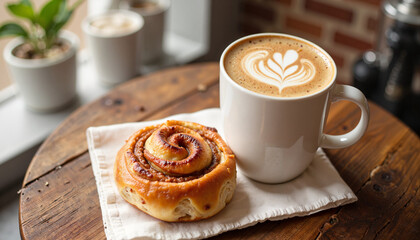Artistic latte and cinnamon bun in cozy café setting, culinary delight