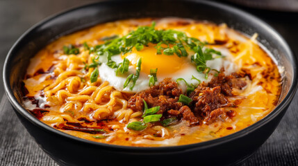 Spicy Korean noodle soup with ground meat, soft egg, and chopped green onion served in black bowl, warm and flavorful meal