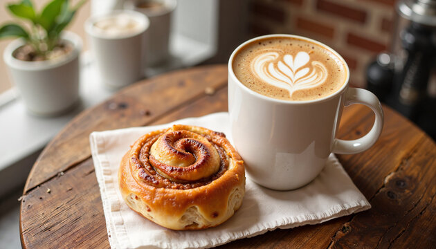 Artistic latte and cinnamon bun in cozy caf&eacute; setting, culinary delight