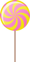 Vector illustration of a spiral lollipop, with bright pink and yellow colors. Ideal for projects on sweets, candy, childhood, parties, and minimalist design.
