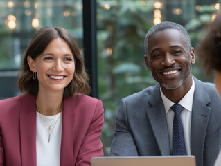 Smiling african american man and woman in business attire sitting at a table, engaged in a discussion, with greenery and modern decor in the background, showcasing teamwork and collaboration