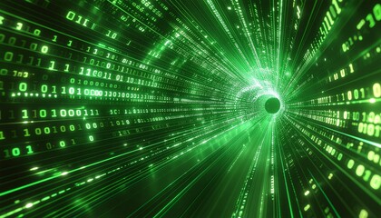 Glowing green digital tunnel with binary code futuristic cyber concept