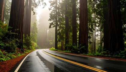 Winding road through a redwood forest, mist hangs in the air, towering trees line the path