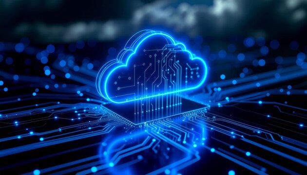 Futuristic cloud computing concept with glowing circuits and neon blue tones