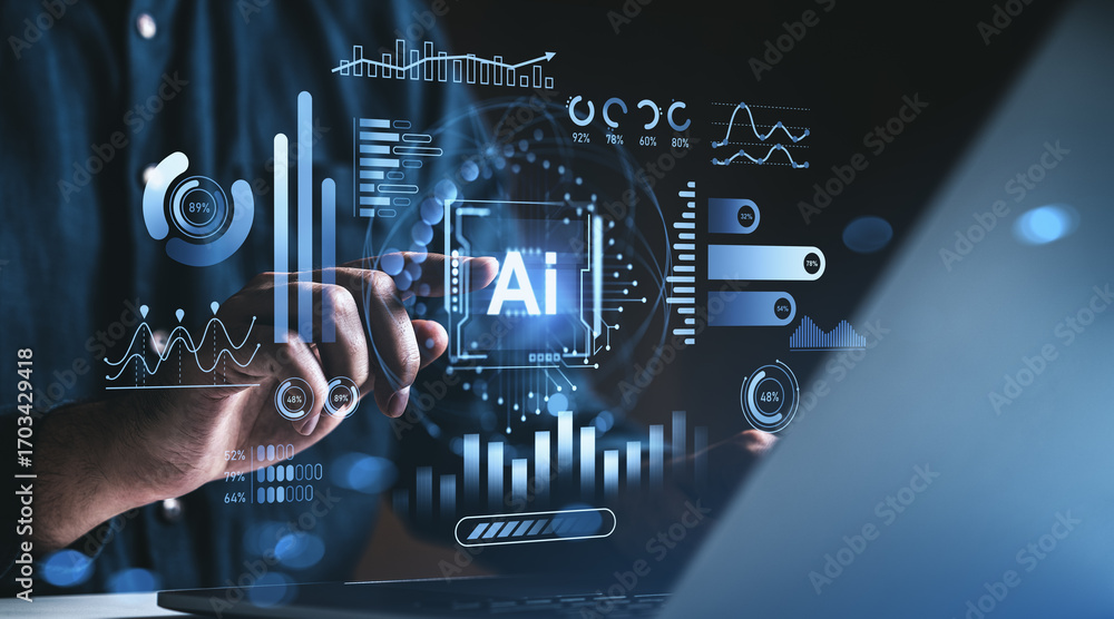 Poster futuristic ai technology interface with charts and analytics concept hologram on digital screen in b