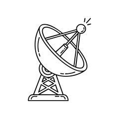Black and white line drawing of a satellite dish antenna used for communication and signal transmission