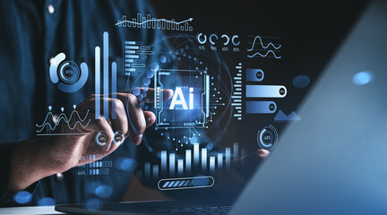 Futuristic AI technology interface with charts and analytics concept hologram on digital screen in business environment.
