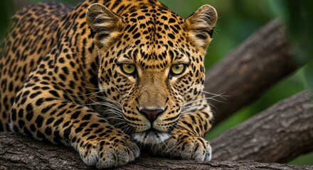 Obraz premium Stunning close-up of a leopard resting on a tree branch, captivating eyes, and intricate fur patterns for wildlife projects