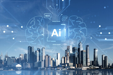 AI technology and chatbot interface over Hudson Yards skyline in Manhattan NYC.