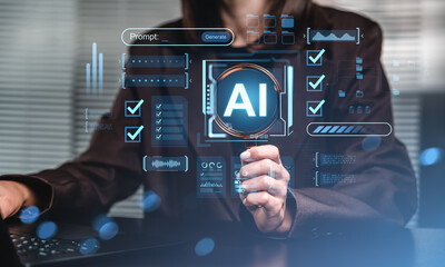 Businessperson holding magnifying glass with AI text and digital interface hologram concept on futuristic background in office environment setting.