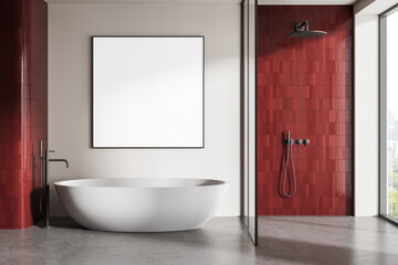 Modern bathroom interior with red tiled shower area, white bathtub, and large wall poster mockup on light wall for contemporary design presentation. 3D Rendering