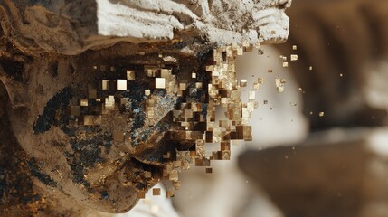 A close-up of a weathered stone bust, partially disintegrating into golden and blue cubic particles, set against a blurred background