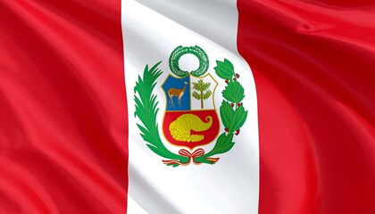 Fototapeta premium Peru flag with red-white-red vertical bands and detailed coat of arms featuring vicuña, cinchona tree, and cornucopia.
