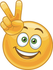 Happy emoji showing peace hand sign, cartoon smiley face with victory gesture, friendly expression, cheerful character, positive message icon