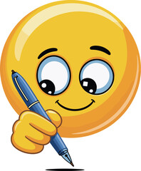 Smiling emoji writing with pen, cute cartoon emoticon character drawing on paper, creative expression vector for communication and education