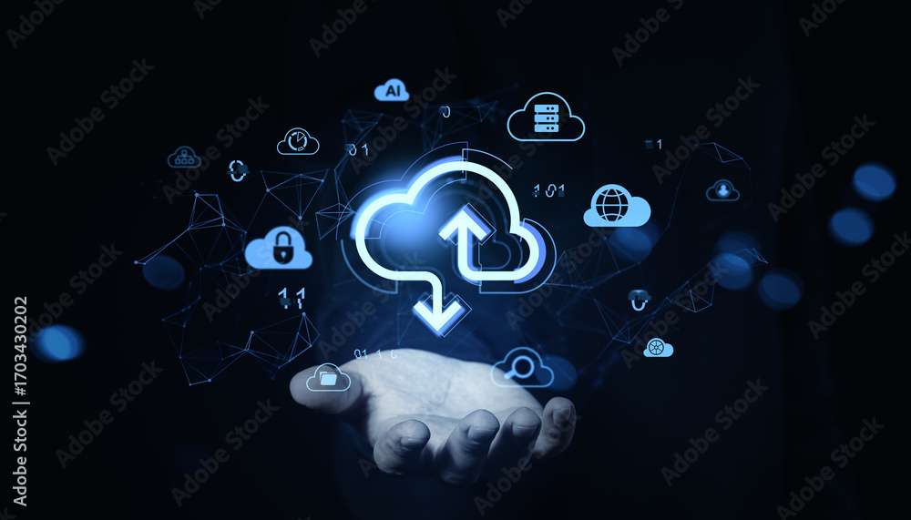 Aufkleber cloud storage concept with glowing upload and download icons above an open hand on a dark background