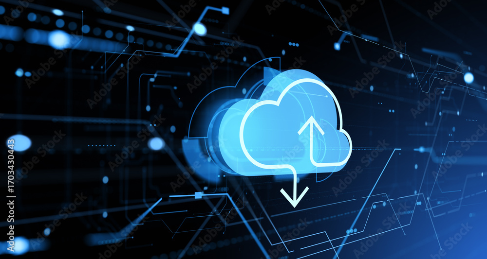Aufkleber cloud storage concept with glowing upload and download arrows on digital network background represen