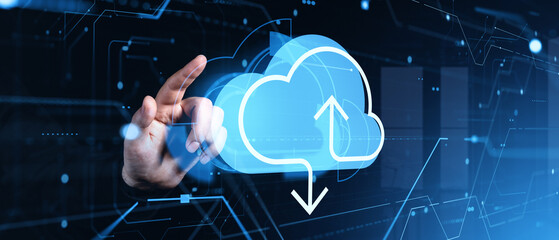 Finger touching digital cloud icon with upload and download arrows, representing online cloud storage technology concept on futuristic interface.