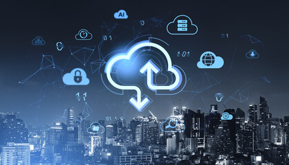 Cloud storage and data transfer concept with digital icons and glowing cloud symbol over modern cityscape at night.