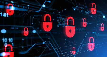 Red padlocks floating in a digital environment representing cybersecurity breach and data protection concept in futuristic cyber space interface. 3D Rendering