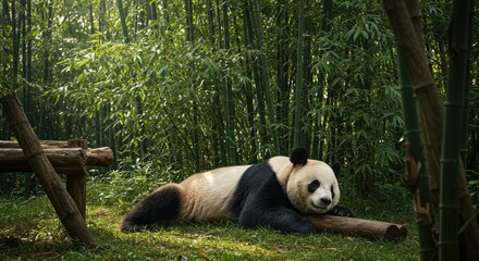 Adorable panda relaxing in lush bamboo forest, peaceful moment of wildlife in natural habitat, showcasing conservation and nature's beauty