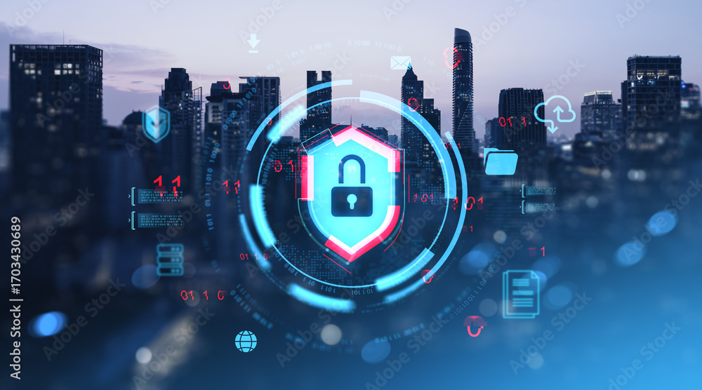 Aufkleber cybersecurity shield with padlock icon over digital cityscape representing data protection and priva
