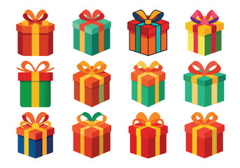 Twelve Colorful Gift Boxes with Bows for Holidays