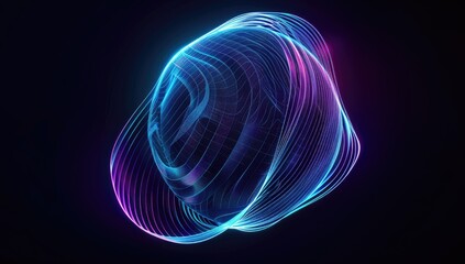 Abstract glowing orb with vibrant, swirling, translucent lines against a dark background.  The orb is primarily blue and purple with hints of pink