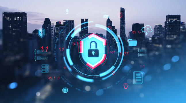 Cybersecurity shield with padlock icon over digital cityscape representing data protection and privacy technology concept in urban environment.