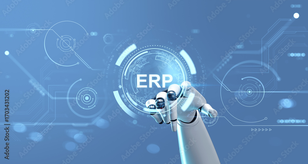 Poster futuristic robotic hand interacting with virtual erp interface surrounded by digital hud elements on