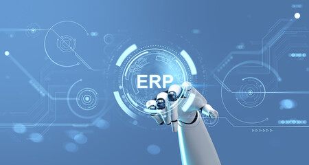 Futuristic robotic hand interacting with virtual ERP interface surrounded by digital HUD elements on a blue background concept for enterprise automation. 3D Rendering