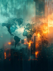 Obraz premium A futuristic, conceptual image of a world map digitally merged with a towering, urban cityscape. It powerfully represents globalization, technology's impact, and the connection between nature and the 