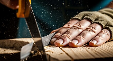 Precision woodwork with a sharp hand saw and protective gloves, close up