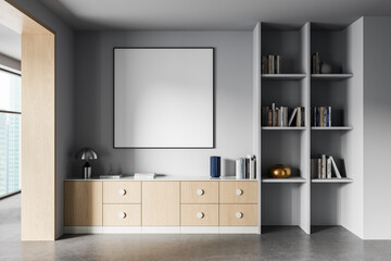 Modern interior with minimalist cabinet, bookshelf and square wall poster mockup in neutral tones and contemporary design style. 3D Rendering © ImageFlow