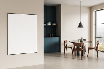 Modern dining room interior with minimalist poster mockup on wall and elegant furniture setup near large window and cozy kitchen corner. 3D Rendering