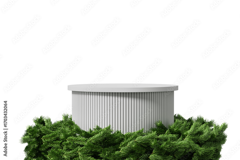 Poster minimal round podium display with vertical grooves and green pine branches on white background for f