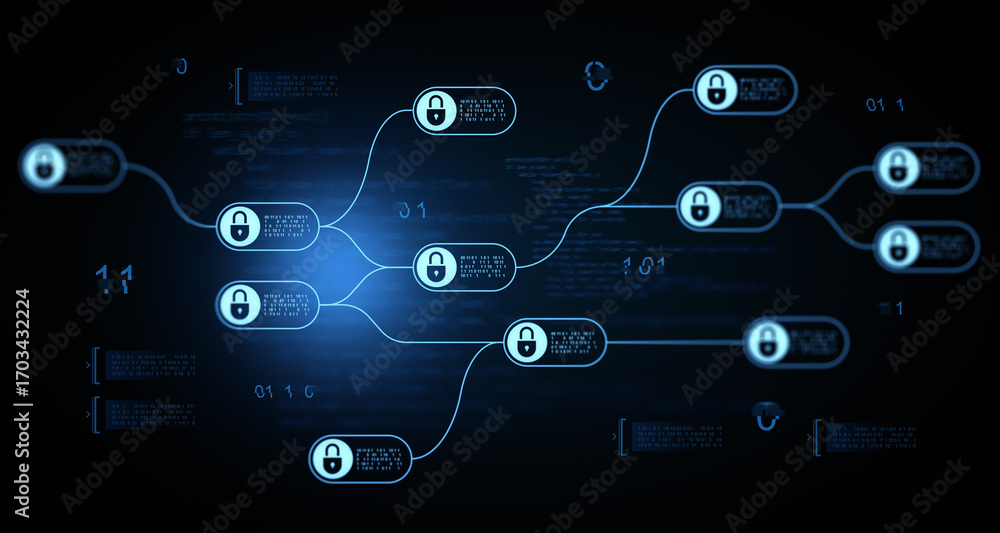 Poster blockchain network with digital padlocks representing secure data encryption and decentralized techn
