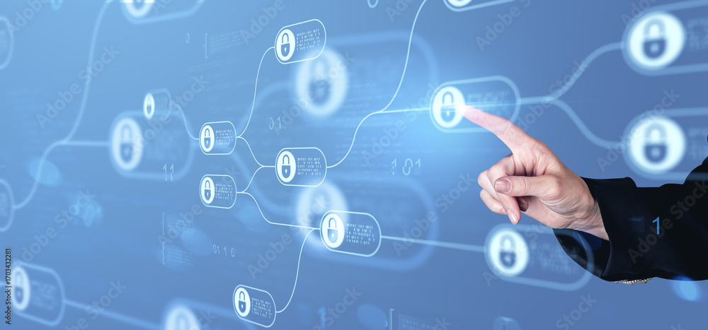 Poster digital hand interacting with blockchain lock icons on virtual interface for cybersecurity and data 